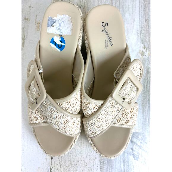 Seychelles Women’s 10 Beige Slip-On Platform Faux Leather Buckle Wedge Sandals - Picture 3 of 9